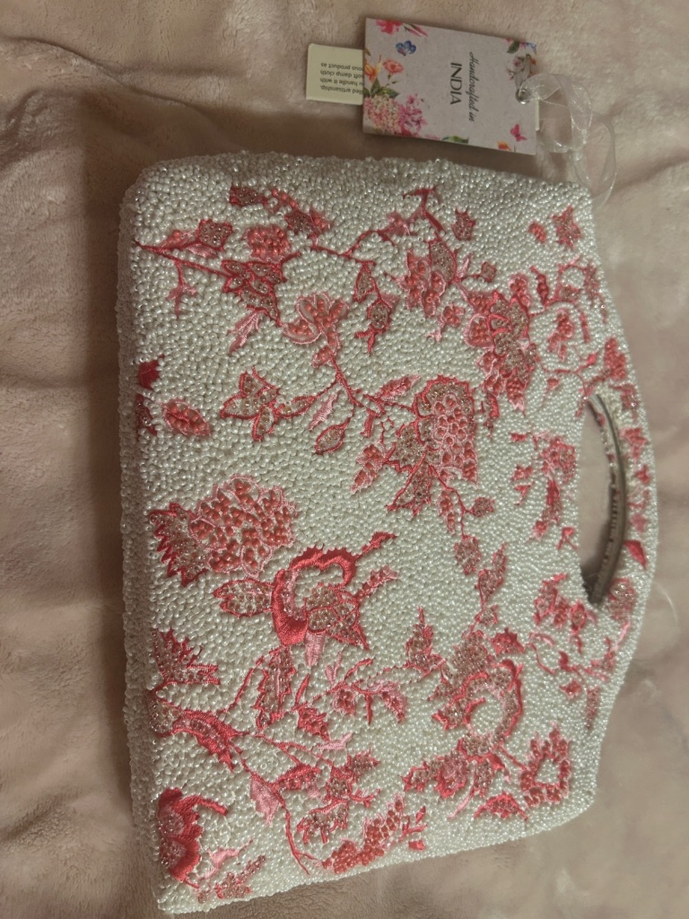 White Beaded Clutch with Pink Floral Embroidery